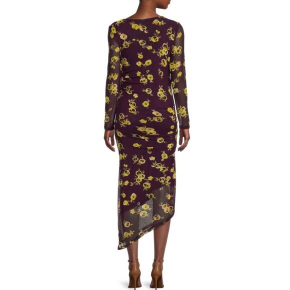 Calvin Klein Floral Ruched Mesh Midi Dress Asymmetrical Hem Purple Yellow Sz XL - Picture 3 of 15
